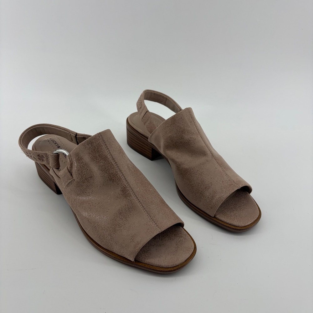 Lucky Brand Womens 9.5 Taupe Brittah Leather‎ Block Heel Slingback Sandals